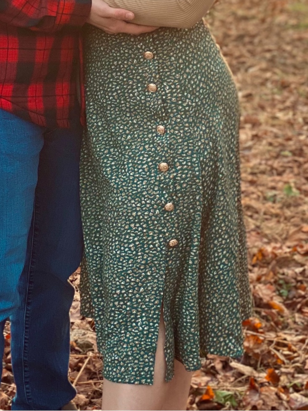 Green Printed Button-Front Midi Skirt